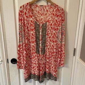 Free People Medium Gardenia Floral Resort Romper Red Tie Waist Long Sleeve